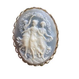 Italian Art Nouveau Blue Vintage Cameo Brooch Oval Gold-Tone Three Graces